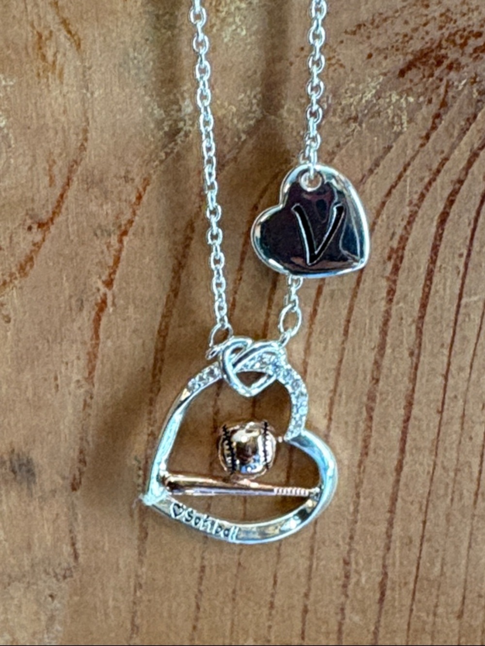 New Two-Tone Baseball Heart and Rhinestone Pendant Necklace with 'V' Charm